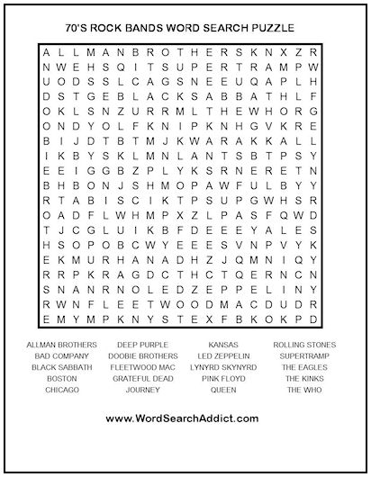 70’s Rock Bands Printable Word Search Puzzle