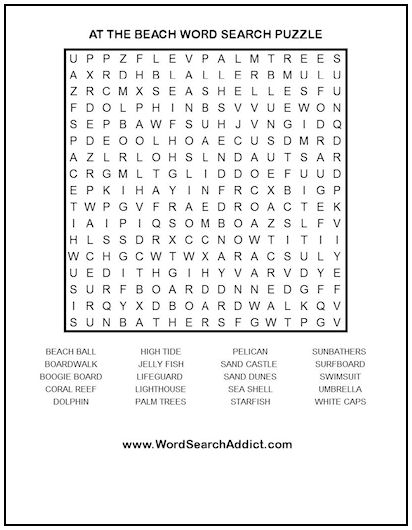 At the Beach Printable Word Search Puzzle