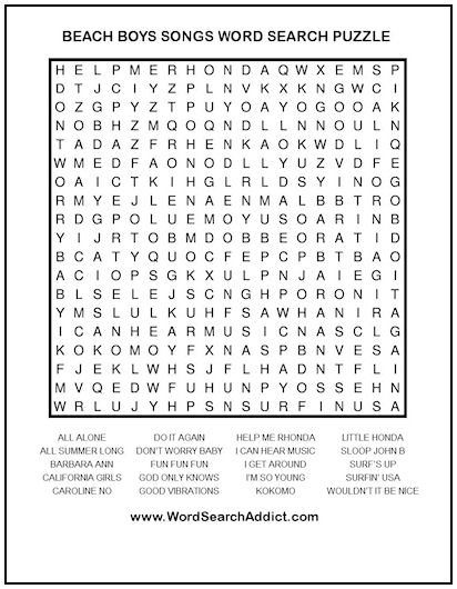 Beach Boys Songs Printable Word Search Puzzle