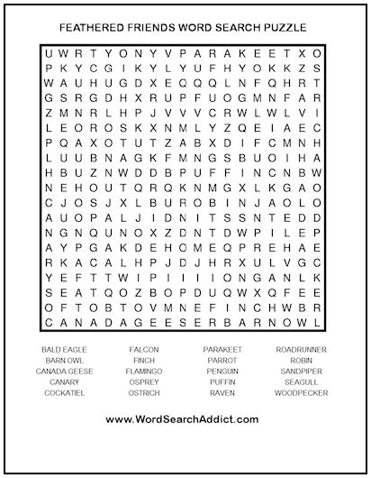 Feathered Friends Printable Word Search Puzzle