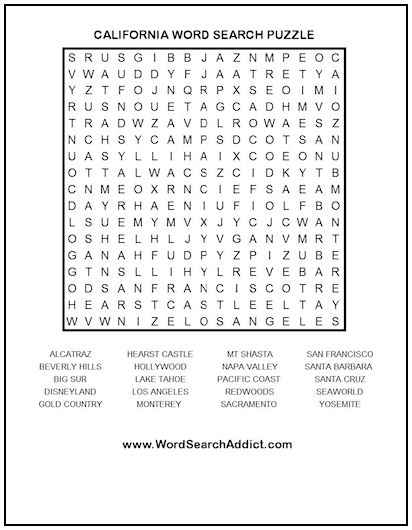 California Printable Word Search Puzzle
