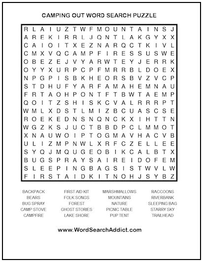 Camping Out Printable Word Search Puzzle