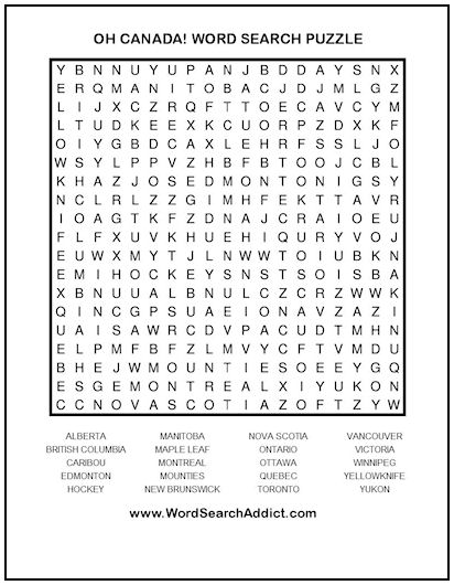 Oh Canada! Printable Word Search Puzzle