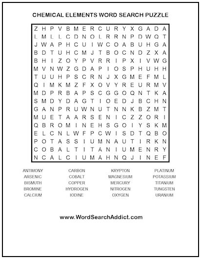 Chemical Elements Printable Word Search Puzzle