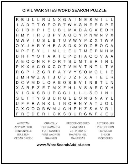 civil war sites printable word search puzzle word search