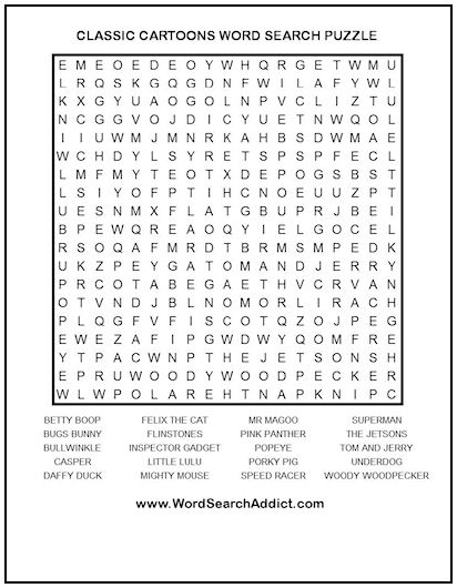 Classic Cartoons Printable Word Search Puzzle