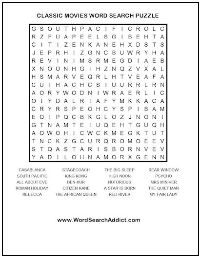 Classic Movies Printable Word Search Puzzle