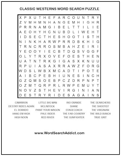 Classic Westerns Printable Word Search Puzzle