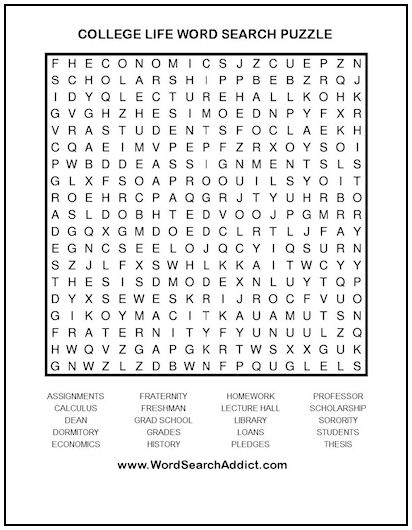 College Life Printable Word Search Puzzle