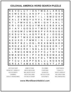 colonial america printable word search puzzle word