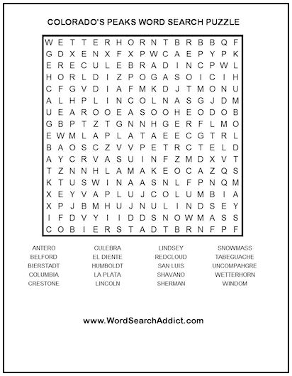Colorado’s Peaks Printable Word Search Puzzle