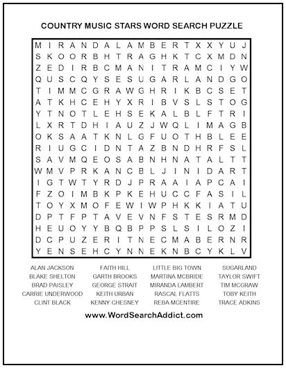 Country Music Stars Printable Word Search Puzzle
