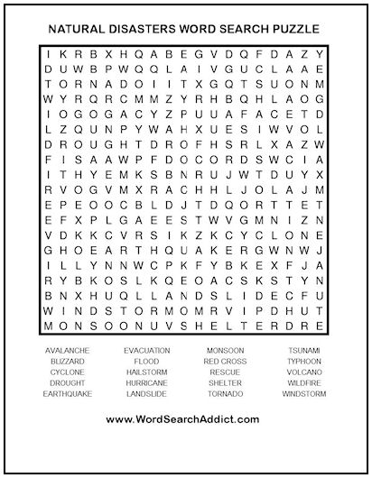 Natural Disasters Printable Word Search Puzzle