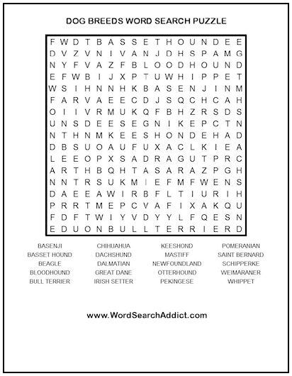 Dog Breeds Printable Word Search Puzzle