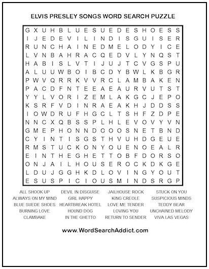 Elvis Songs Printable Word Search Puzzle