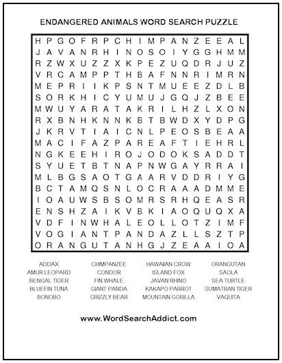 Endangered Animals Printable Word Search Puzzle