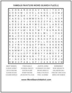 Famous Painters Printable Word Search Puzzle | Word Search Addict