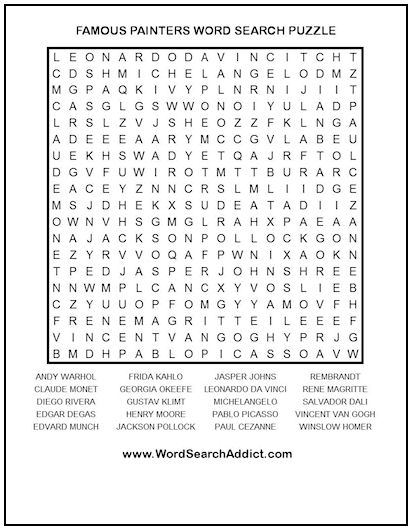 Famous Painters Printable Word Search Puzzle