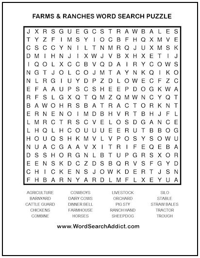 Farms & Ranches Printable Word Search Puzzle