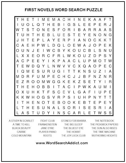 First Novels Printable Word Search Puzzle