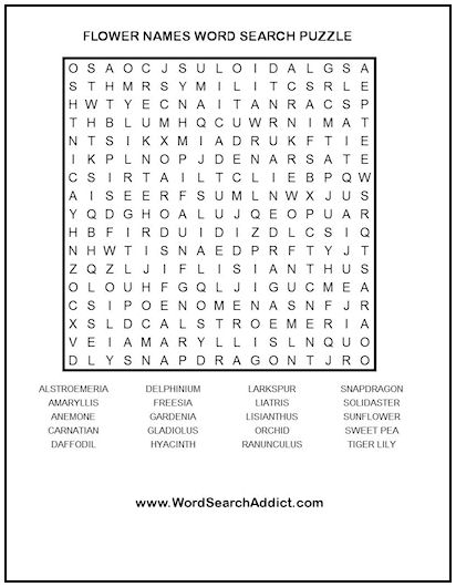 Flower Names Printable Word Search Puzzle