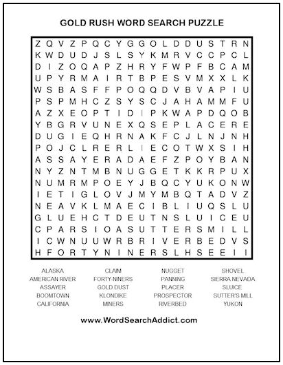 Gold Rush Printable Word Search Puzzle