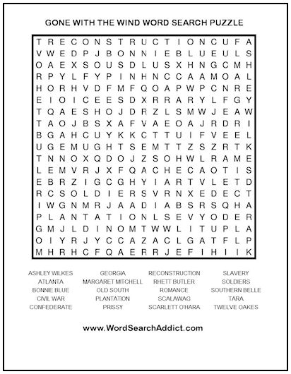 Gone With the Wind Printable Word Search Puzzle