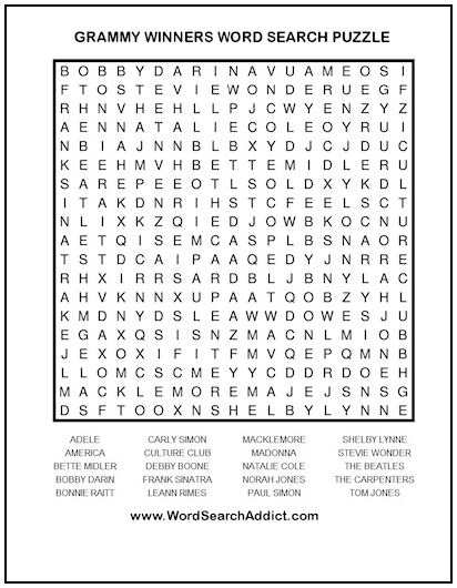Grammy Winners Printable Word Search Puzzle