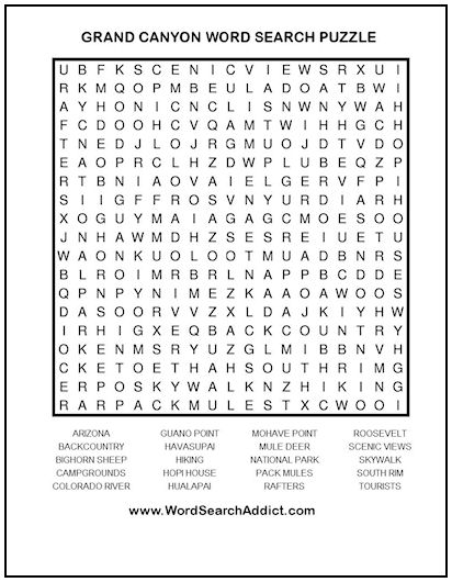 Grand Canyon Printable Word Search Puzzle