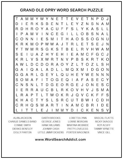 Grand Ole Opry Printable Word Search Puzzle
