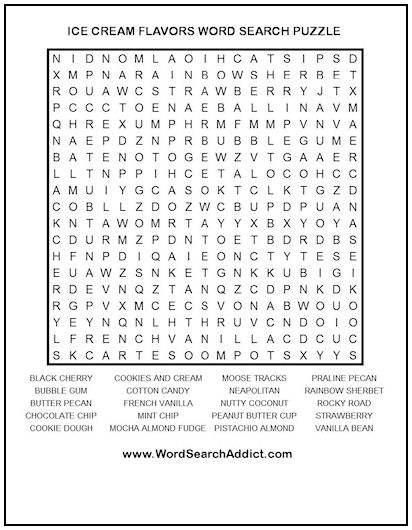 Ice Cream Flavors Printable Word Search Puzzle