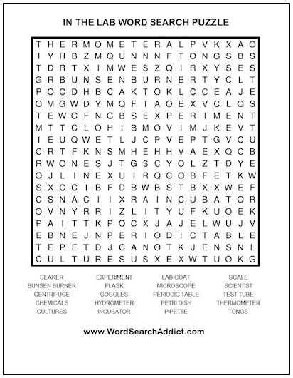 In The Lab Printable Word Search Puzzle