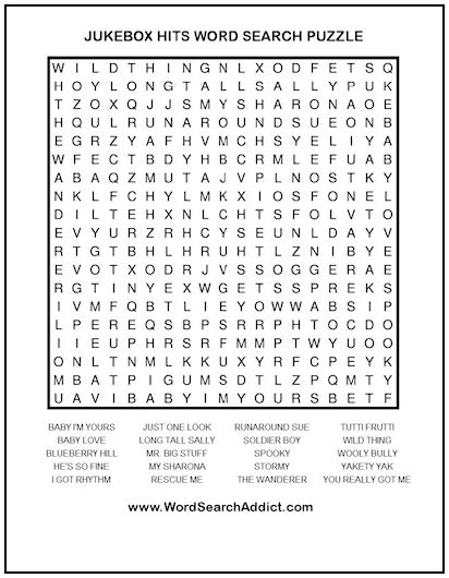 Jukebox Hits Printable Word Search Puzzle