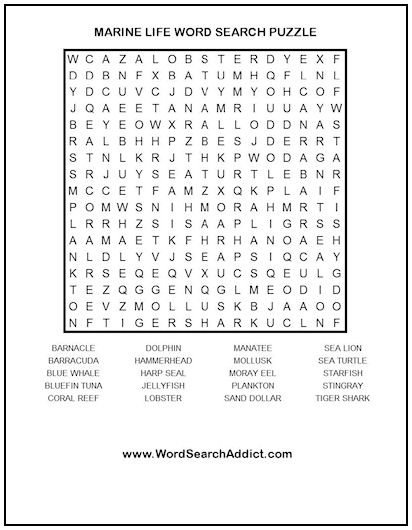marine life printable word search puzzle word search addict