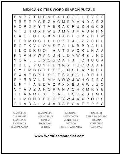 Mexican Cities Printable Word Search Puzzle