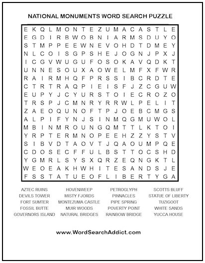 National Monuments Printable Word Search Puzzle