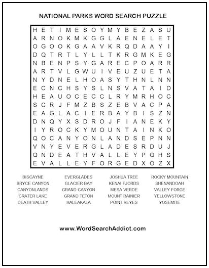 National Parks Printable Word Search Puzzle