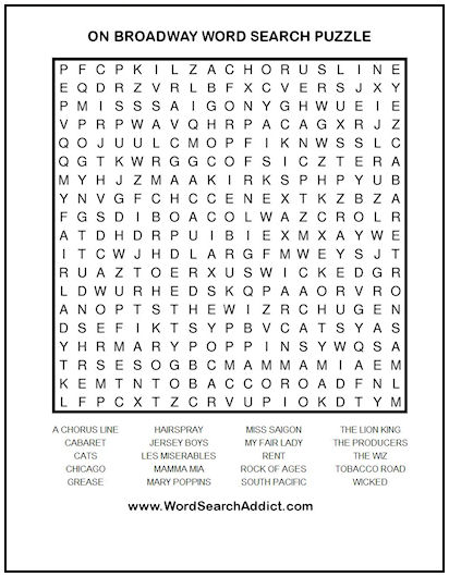 On Broadway Printable Word Search Puzzle