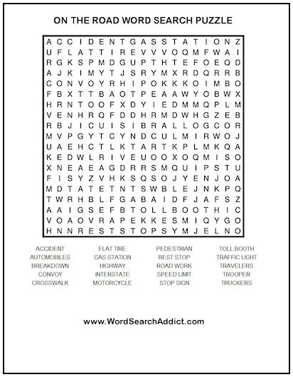 On The Road Printable Word Search Puzzle