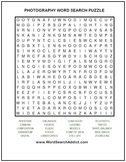 Photography Printable Word Search Puzzle