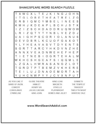Shakespeare Printable Word Search Puzzle