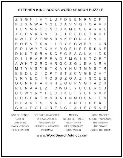 Stephen King Books Printable Word Search Puzzle