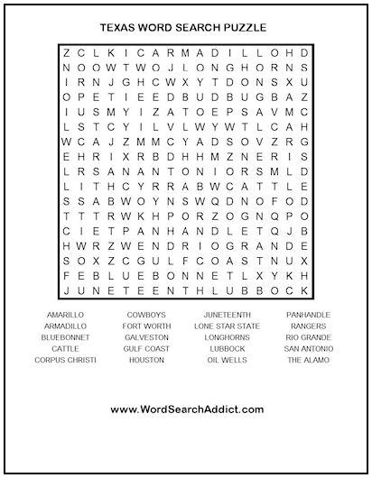 Texas Printable Word Search Puzzle