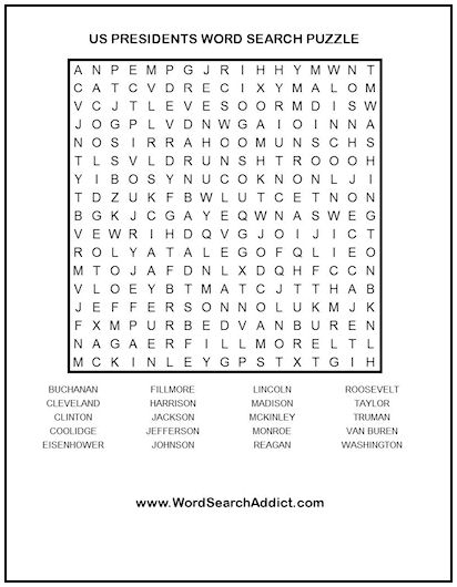 US Presidents Printable Word Search Puzzle