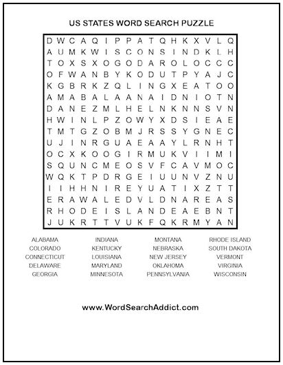 US States Printable Word Search Puzzle