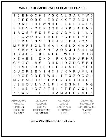 Winter Olympics Printable Word Search Puzzle