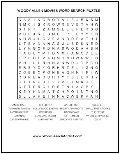 Woody Allen Movies Printable Word Search Puzzle