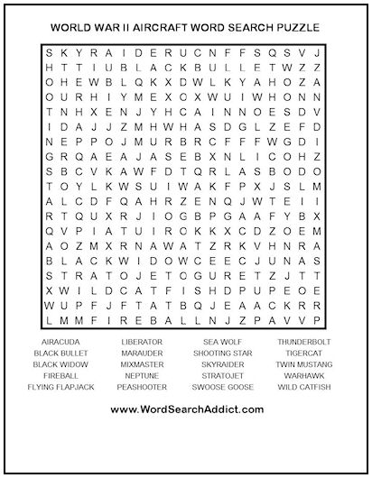 World War II Aircraft Printable Word Search Puzzle
