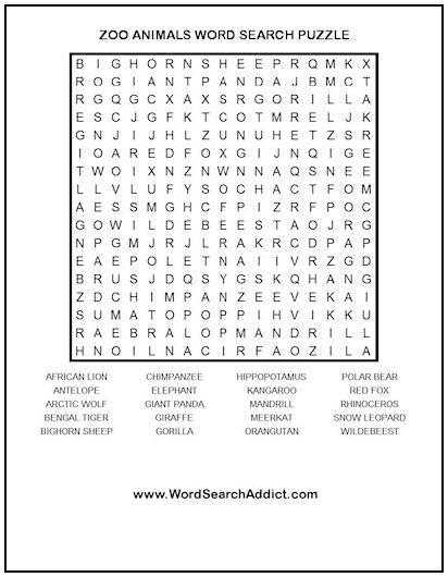 Zoo Animals Printable Word Search Puzzle | Word Search Addict