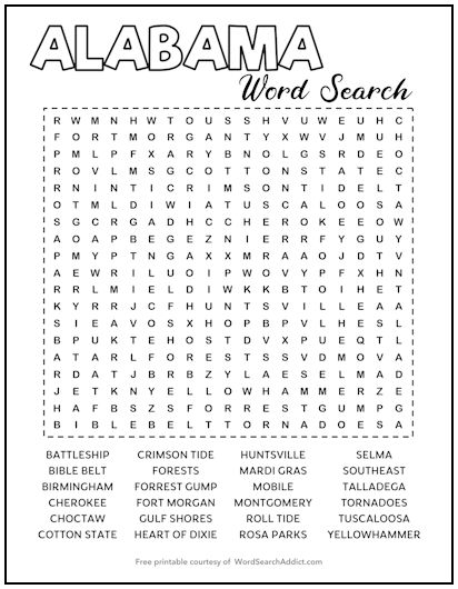 Alabama Printable Word Search Puzzle